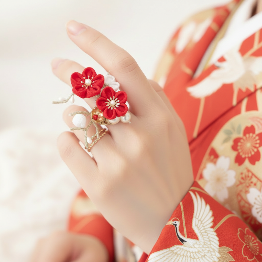 紅白梅耳花生 紅白梅」ARTEDIVA リング – つまみ細工 一凛堂