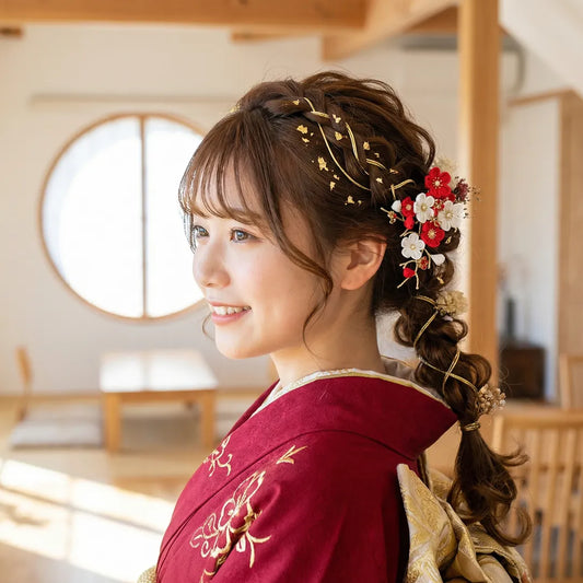 "Red and White Plum Blossom" ARTIDIVA Comb-Style Hair Accessory Set of 2