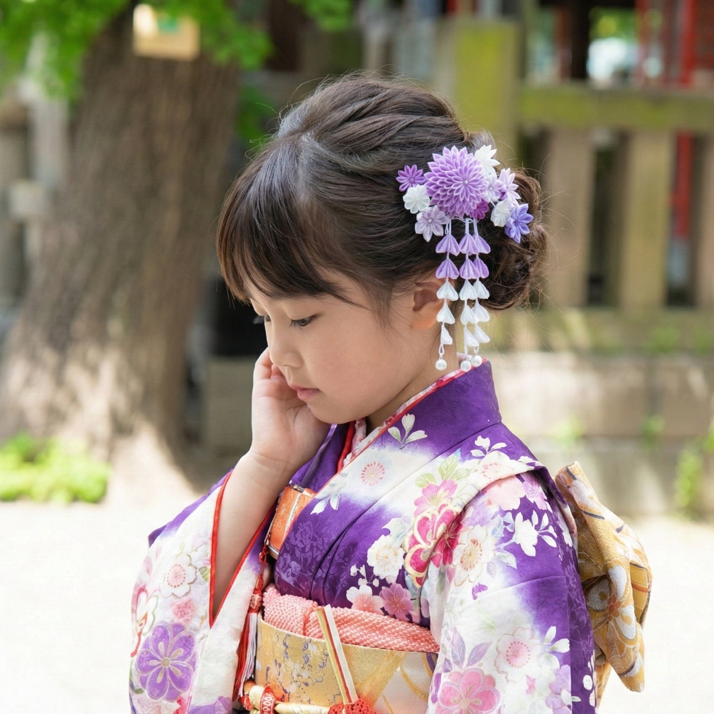 "Komochizuki" 3-piece set with stepped chrysanthemum comb