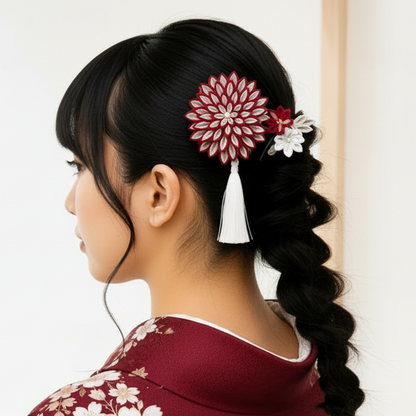 [Coming of Age Ceremony] "Hanashiori" Ichikoshi Chirimen Tiered Chrysanthemum - with comb and U-pin