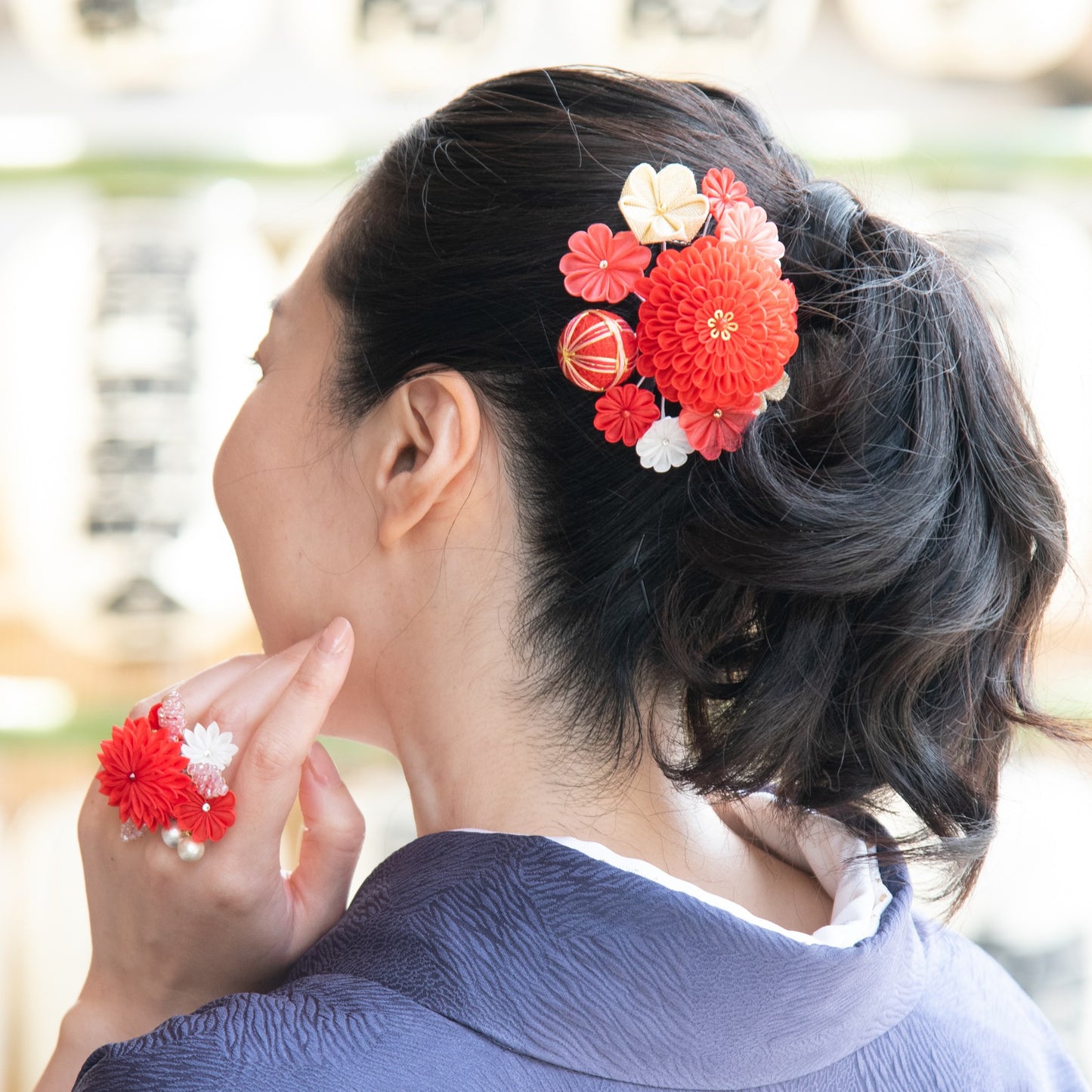 「ゆしま」丸段菊コーム式髪飾り手毬付き