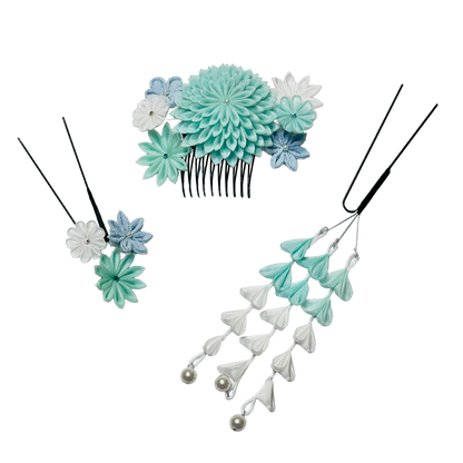 "Komochizuki" 3-piece set with stepped chrysanthemum comb