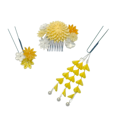 "Komochizuki" 3-piece set with stepped chrysanthemum comb